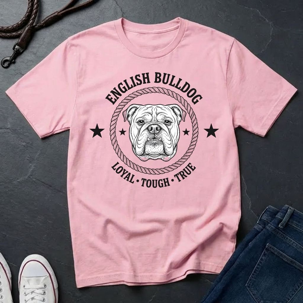 Pink Comfort Colors t-shirt with English Bulldog graphic and text on a dark surface