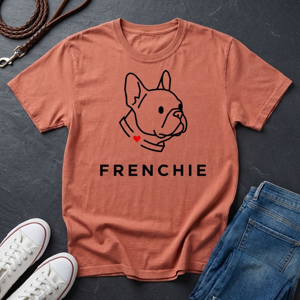 Coral Comfort Colors t-shirt with a dog illustration and 'FRENCHIE' text on a dark surface with shoes and jeans.