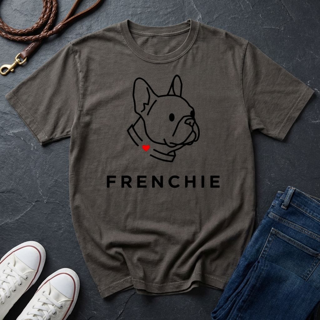 Gray Comfort Colors t-shirt with a dog graphic and 'FRENCHIE' text on a dark surface with shoes and jeans.