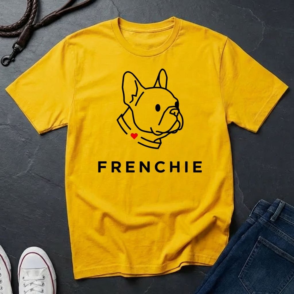 Yellow Comfort Colors t-shirt with a dog graphic and 'FRENCHIE' text on a dark surface.