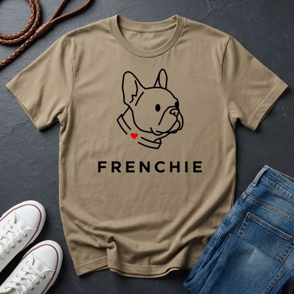Beige Comfort Colors t-shirt with a dog illustration and 'FRENCHIE' text on a dark surface with shoes and jeans.