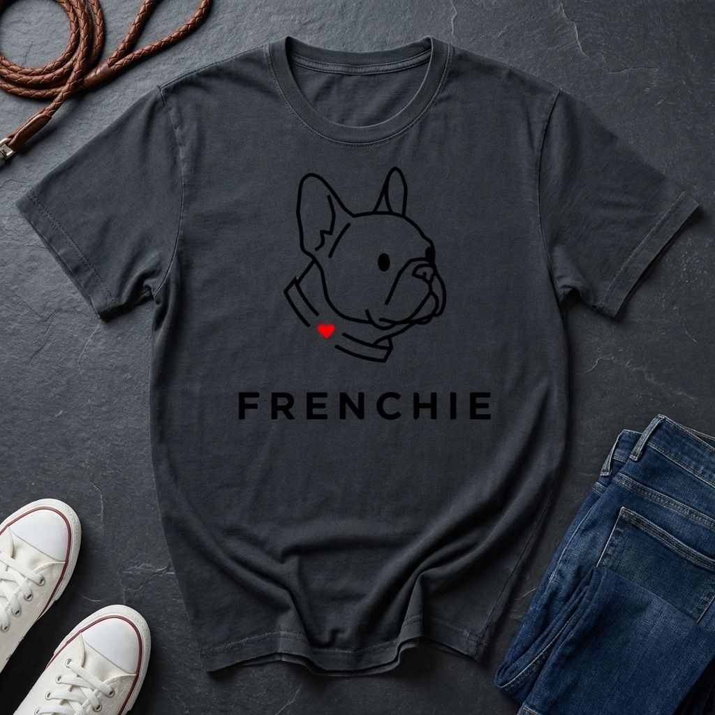 Black Comfort Colors t-shirt with a dog graphic and 'FRENCHIE' text on a dark surface with shoes and jeans.