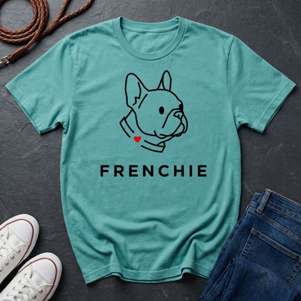 Teal Comfort Colors t-shirt with a dog illustration and 'FRENCHIE' text on a dark surface with shoes and jeans.