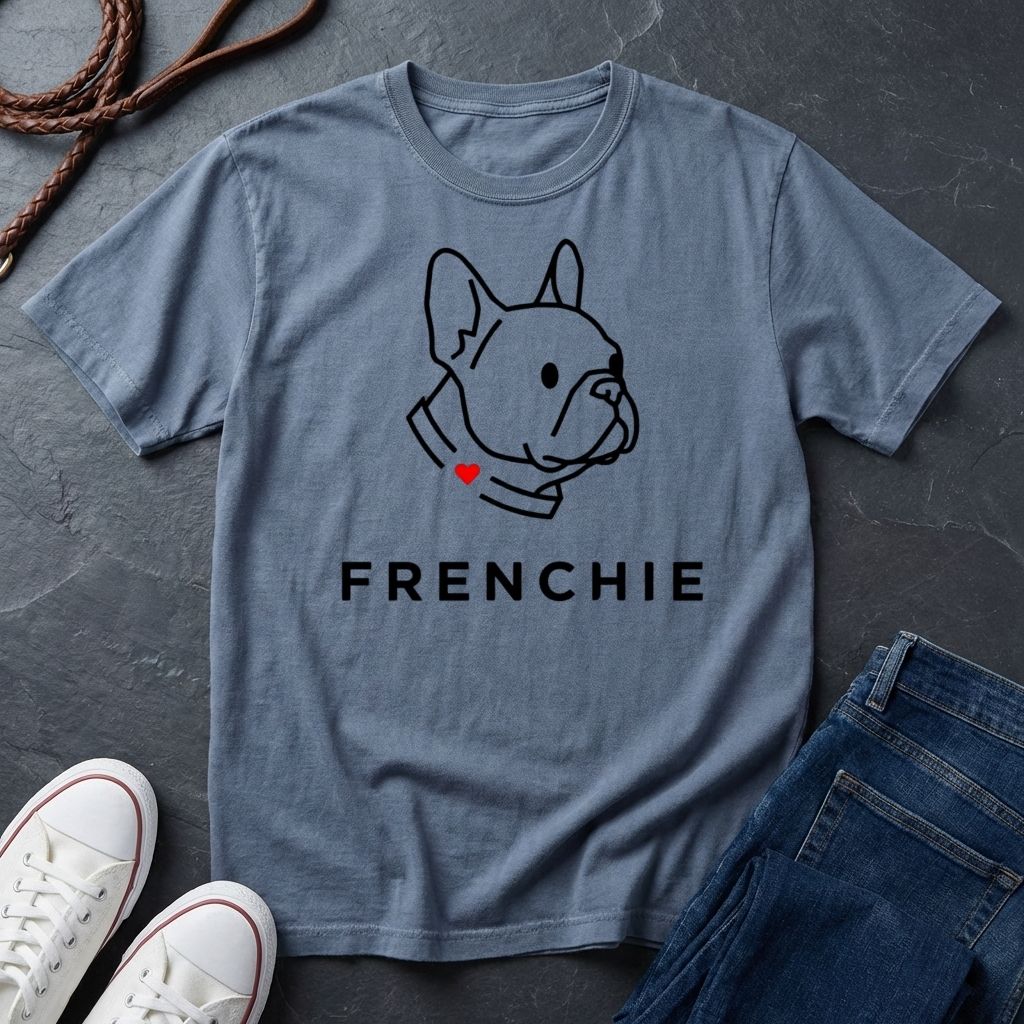 Blue Comfort Colors t-shirt with a dog graphic and 'FRENCHIE' text on a dark surface with shoes and jeans.