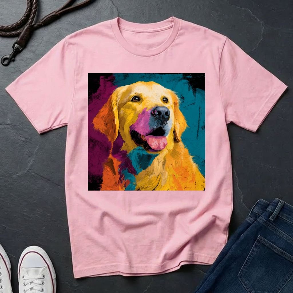 Pink Comfort Colors t-shirt with a colorful dog graphic on a dark surface with shoes and jeans.