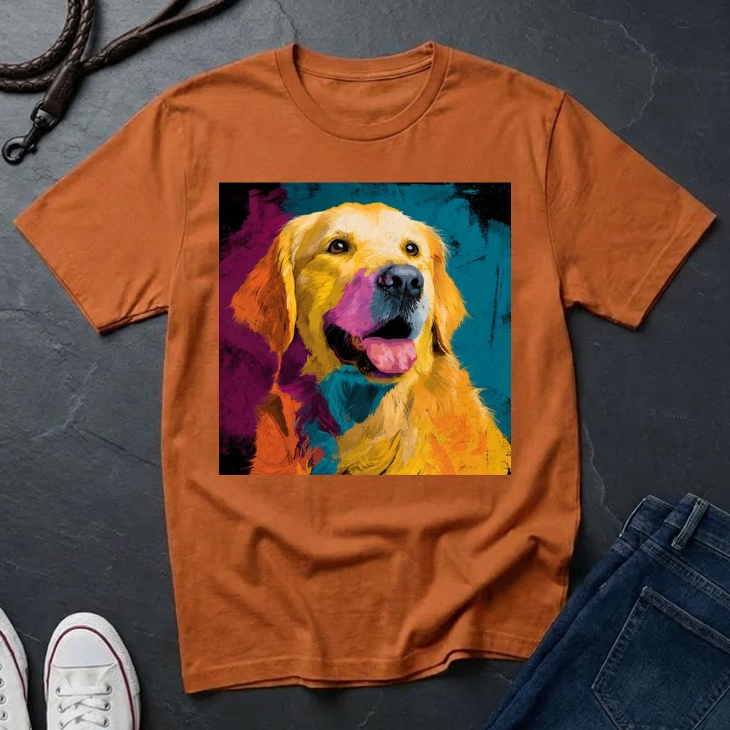 Orange Comfort Colors t-shirt with a colorful dog graphic on a dark surface
