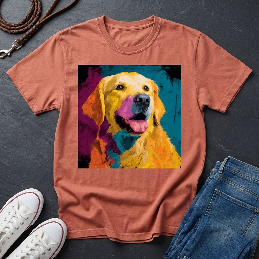 Comfort Colors T-shirt with a colorful dog graphic on a dark surface with shoes and jeans.