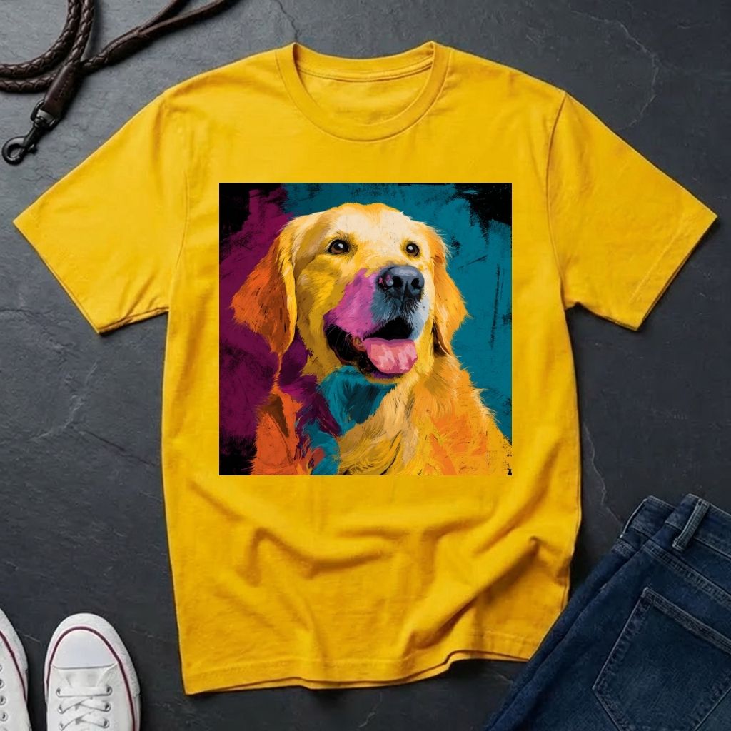 Yellow Comfort Colors t-shirt with a colorful dog graphic on a dark surface with shoes and jeans.