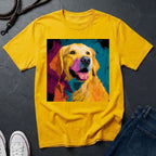 Yellow Comfort Colors t-shirt with a colorful dog graphic on a dark surface with shoes and jeans.