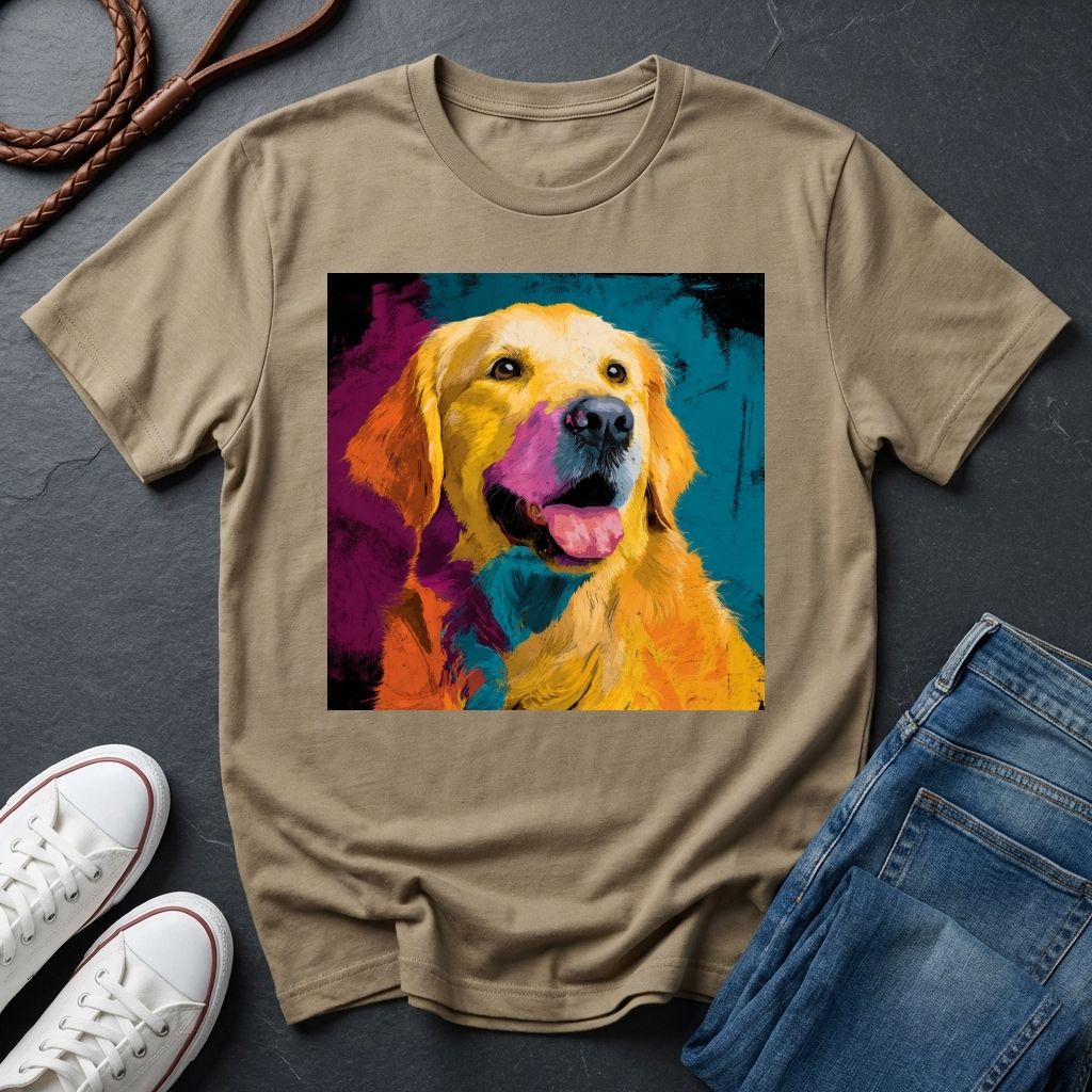 Beige Comfort Colors t-shirt with a colorful dog graphic on a dark surface with shoes and jeans.