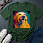 Green Comfort Colors t-shirt with a colorful dog graphic on a dark surface with shoes and jeans.