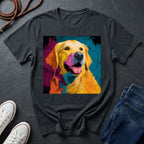 Black Comfort Colors t-shirt with a colorful dog graphic on a dark surface with shoes and jeans.