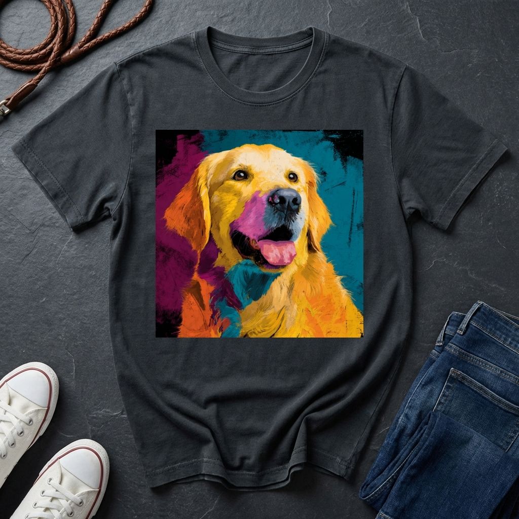 Black Comfort Colors t-shirt with a colorful dog graphic on a dark surface with shoes and jeans.