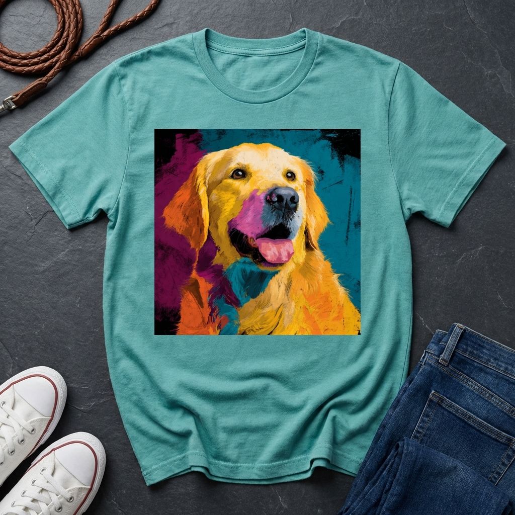 Teal Comfort Colors t-shirt with a colorful dog graphic on a dark surface with shoes and jeans.