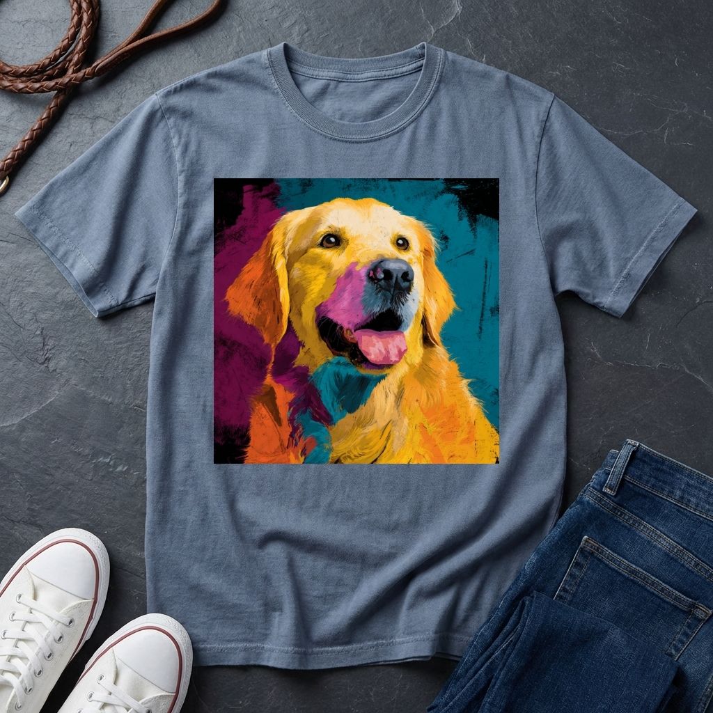 Blue Comfort Colors t-shirt with a colorful dog graphic on a dark surface with shoes and jeans.