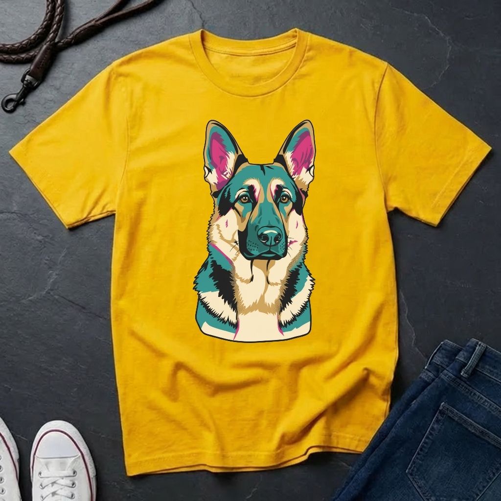 Yellow Comfort Colors t-shirt with a colorful dog graphic on a dark surface with jeans and shoes.
