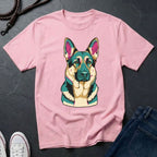 Pink Comfort Colors t-shirt with a colorful dog graphic on a dark surface with jeans and shoes.