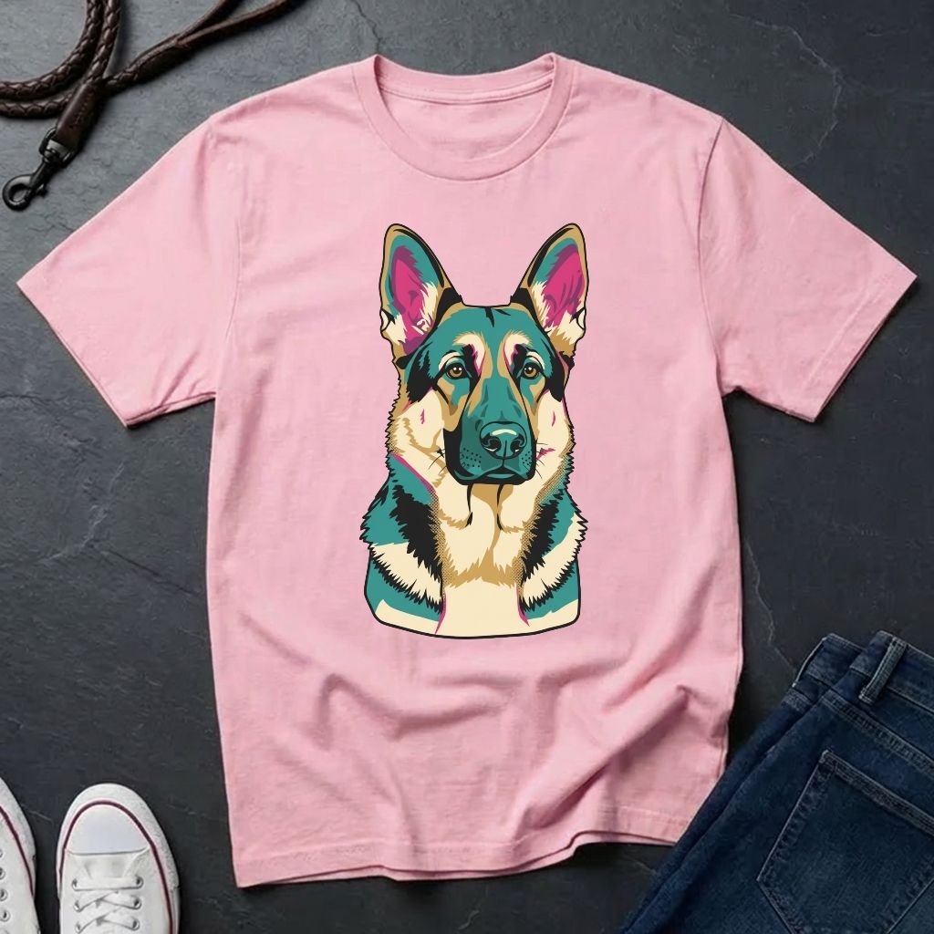 Pink Comfort Colors t-shirt with a colorful dog graphic on a dark surface with jeans and shoes.