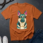 Brown Comfort Colors t-shirt with a colorful dog graphic on a dark surface