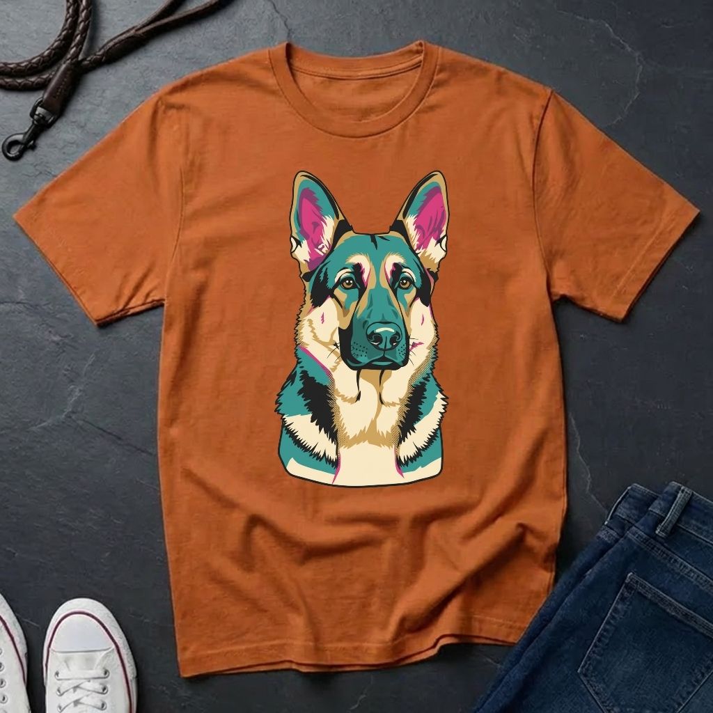 Brown Comfort Colors t-shirt with a colorful dog graphic on a dark surface