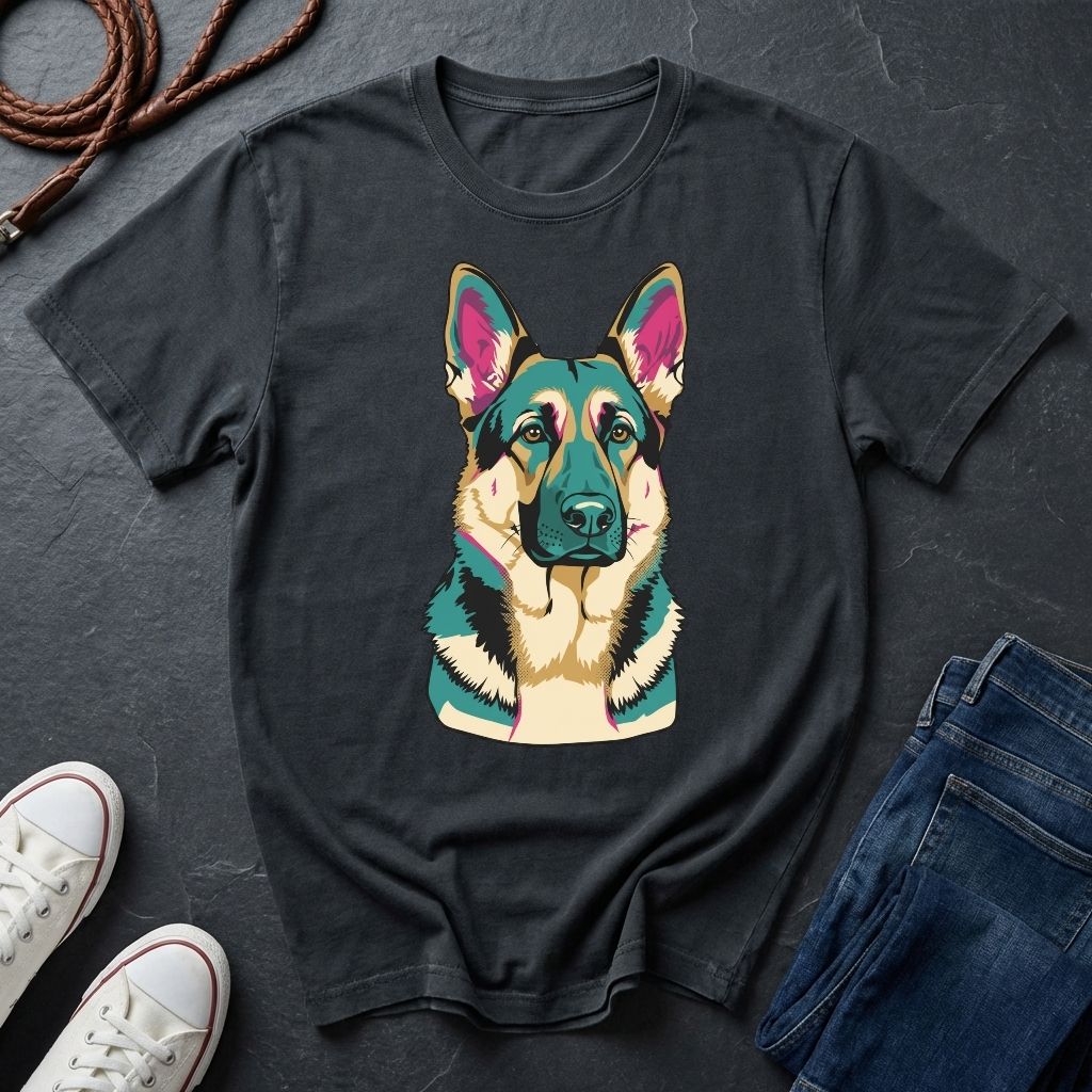 Black Comfort Colors t-shirt with a colorful dog graphic on a dark surface with shoes and jeans.