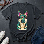 Black Comfort Colors t-shirt with a colorful dog graphic on a dark surface with shoes and jeans.