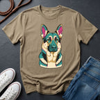 Beige Comfort Colors t-shirt with a colorful dog graphic on a dark surface with shoes and jeans.