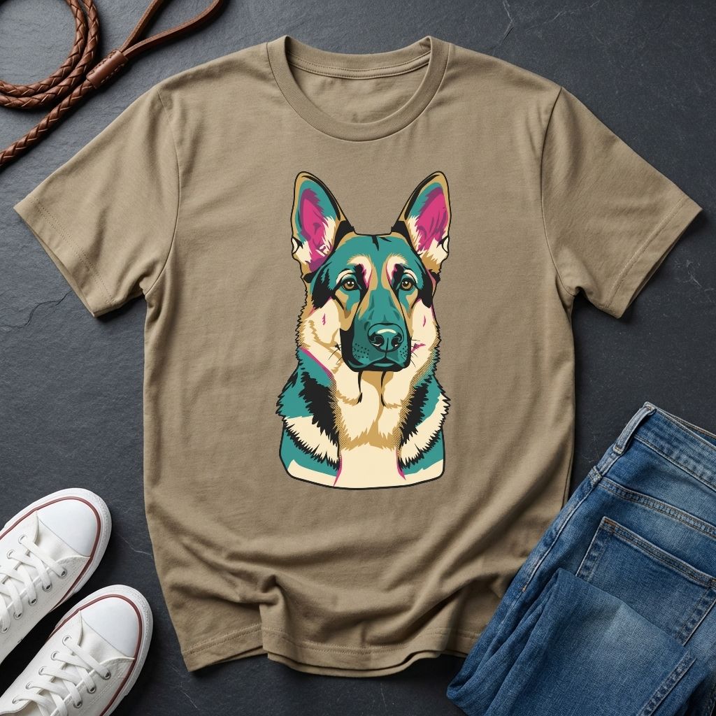 Beige Comfort Colors t-shirt with a colorful dog graphic on a dark surface with shoes and jeans.