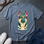 Blue Comfort Colors t-shirt with a colorful dog graphic on a dark surface with shoes and jeans.