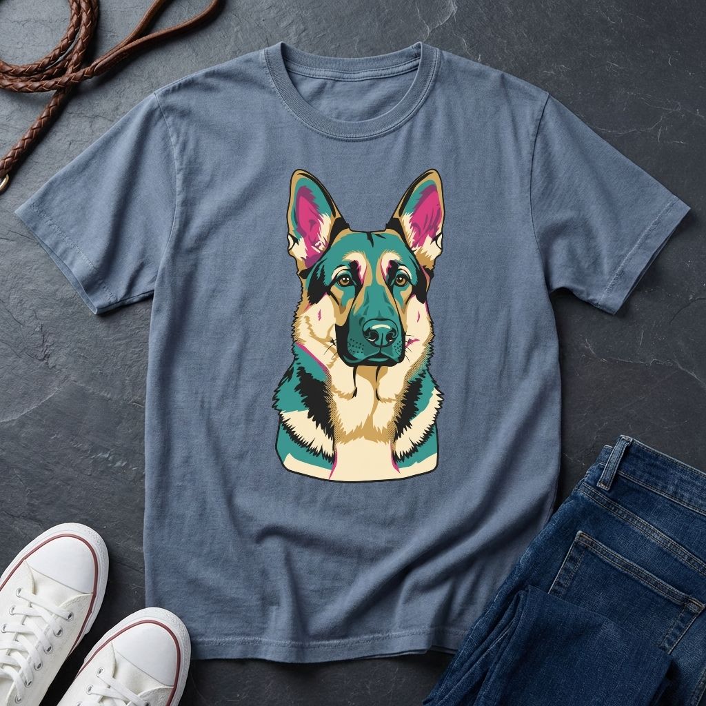 Blue Comfort Colors t-shirt with a colorful dog graphic on a dark surface with shoes and jeans.