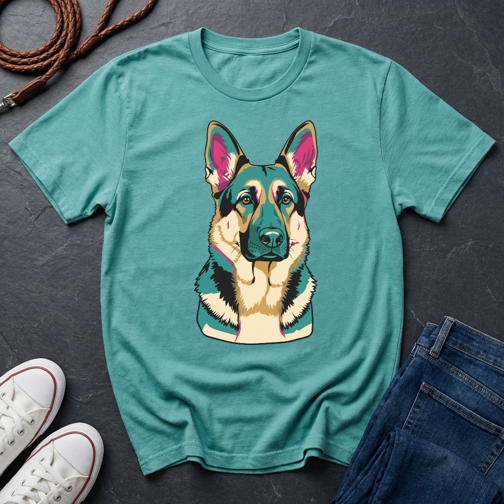 Teal Comfort Colors t-shirt with a dog graphic on a dark surface with shoes and jeans.