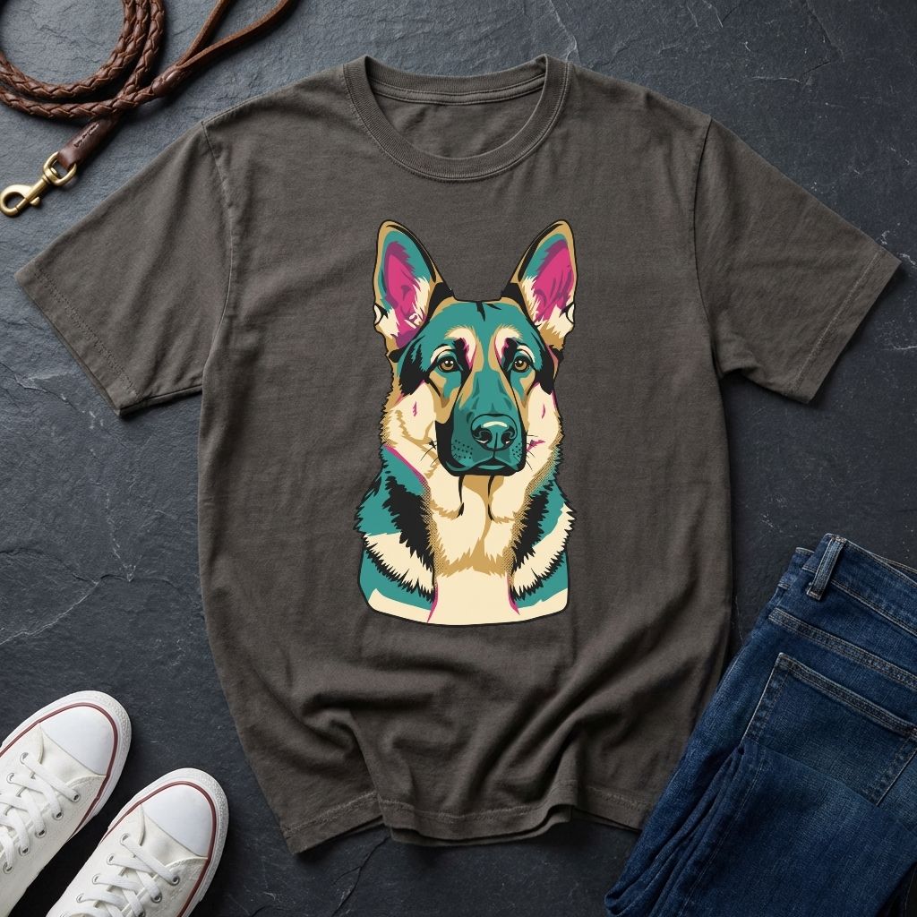 Gray Comfort Colors t-shirt with a colorful dog graphic on a dark surface with shoes and jeans.