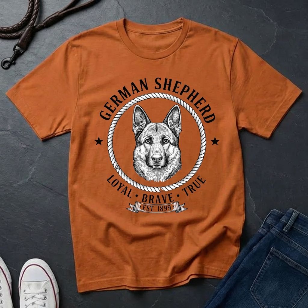 Orange Comfort Colors t-shirt with German Shepherd graphic and text on a dark surface