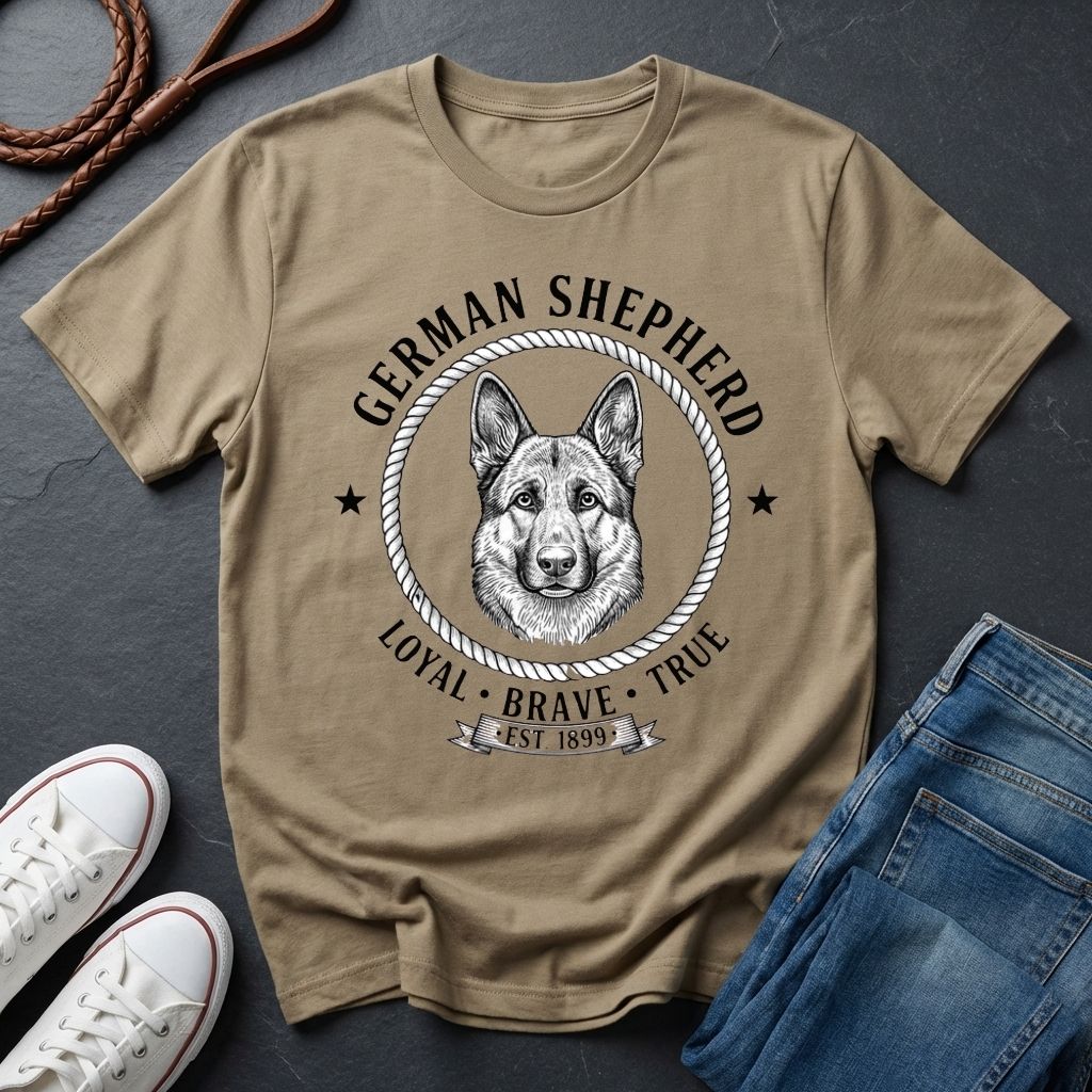 Beige Comfort Colors t-shirt with German Shepherd graphic and text on a dark surface with shoes and jeans.