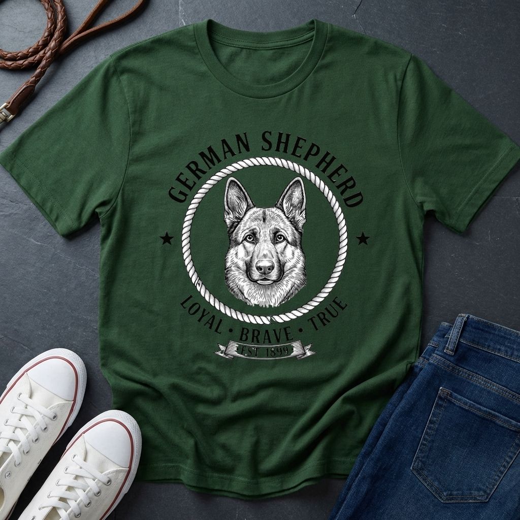 Green Comfort Colors t-shirt with German Shepherd graphic and text on a dark surface with shoes and jeans.