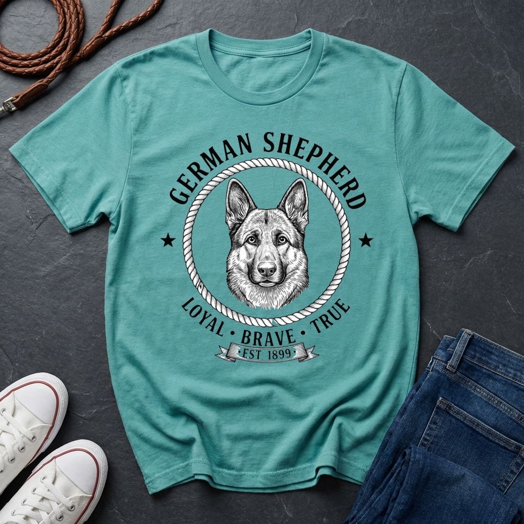Teal Comfort Colors t-shirt with German Shepherd graphic and text on a dark surface with shoes and jeans.