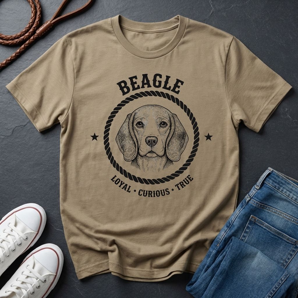 Beige Comfort Colors t-shirt with beagle graphic and text on a dark surface with shoes and jeans.