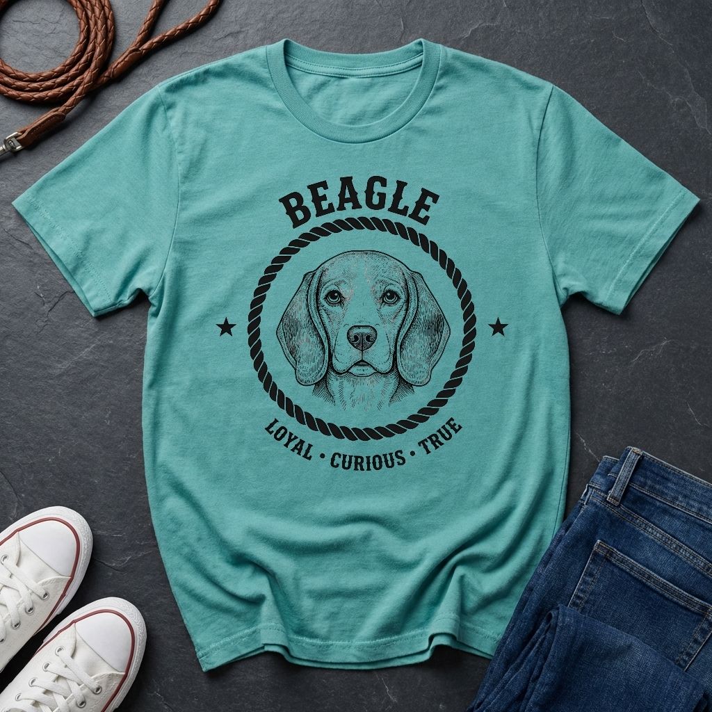 Teal Comfort Colors t-shirt with beagle graphic and text on a dark surface with shoes and jeans.