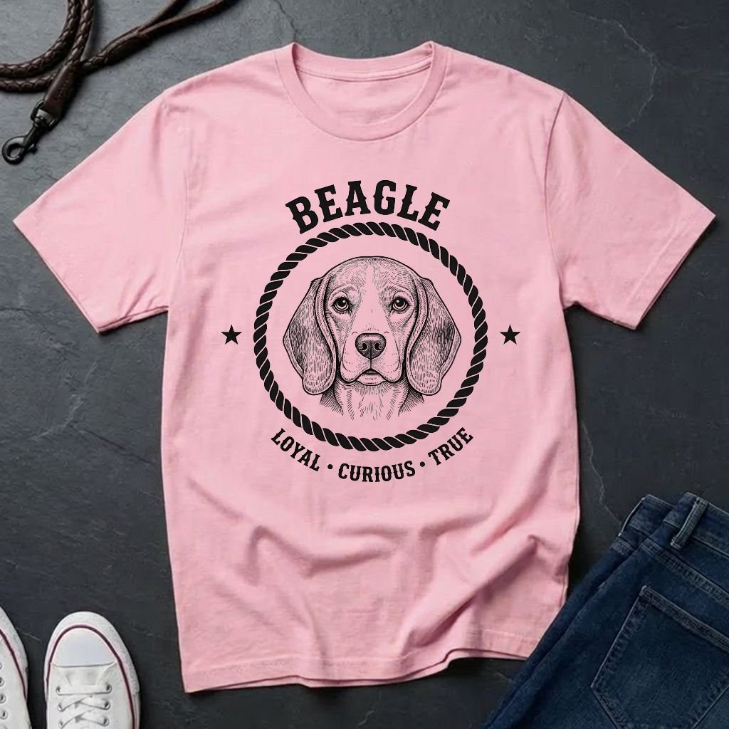 Pink Comfort Colors t-shirt with beagle graphic and text on a dark surface