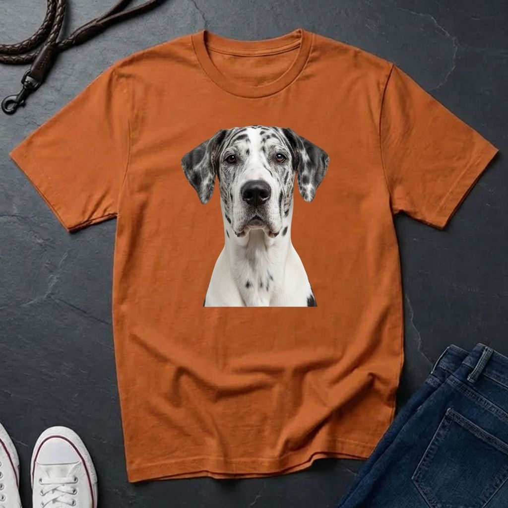 Orange Comfort Colors t-shirt with a dog graphic on a dark surface with jeans and shoes.