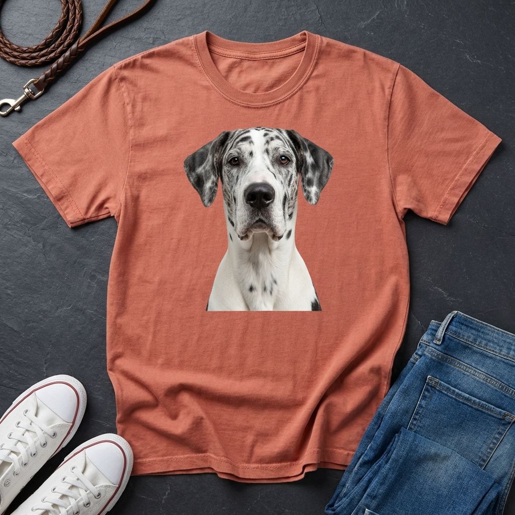 Orange Comfort Colors t-shirt with a dog graphic on a dark surface with shoes and jeans.