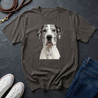 Gray Comfort Colors t-shirt with a dog graphic on a dark surface with shoes and jeans.