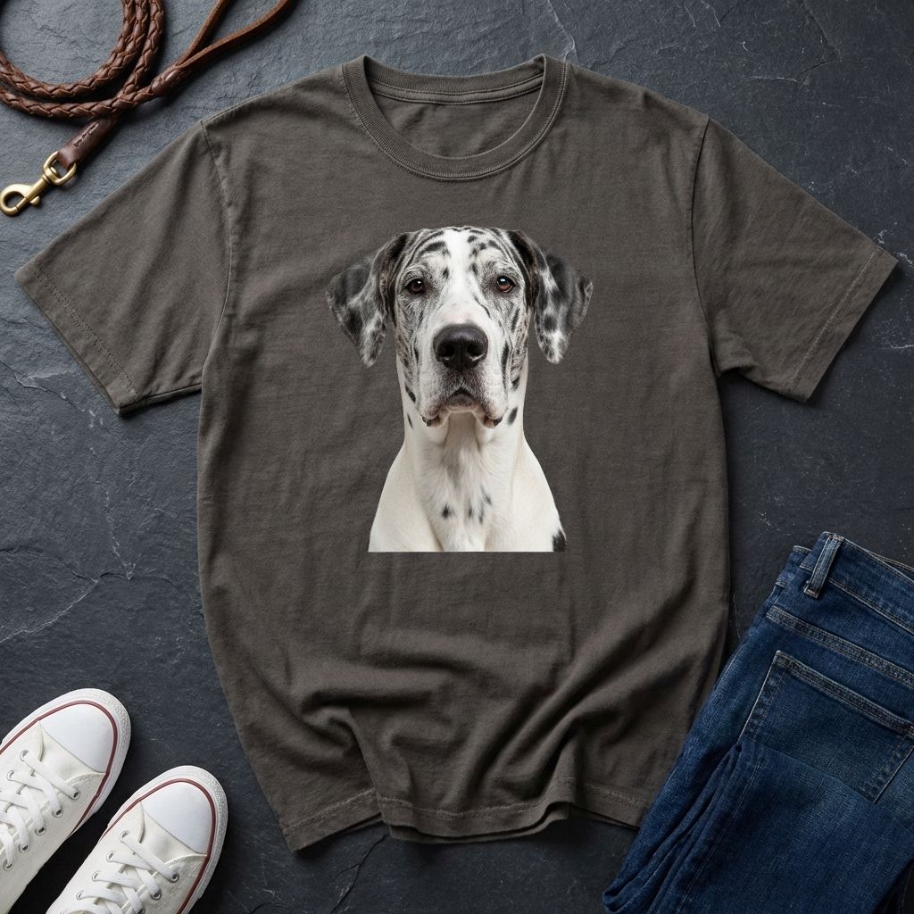 Gray Comfort Colors t-shirt with a dog graphic on a dark surface with shoes and jeans.