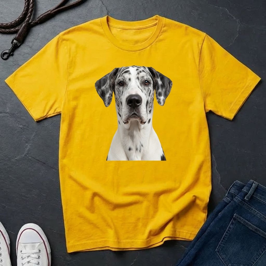 Yellow Comfort Colors t-shirt with a dog graphic on a dark surface with shoes and jeans.