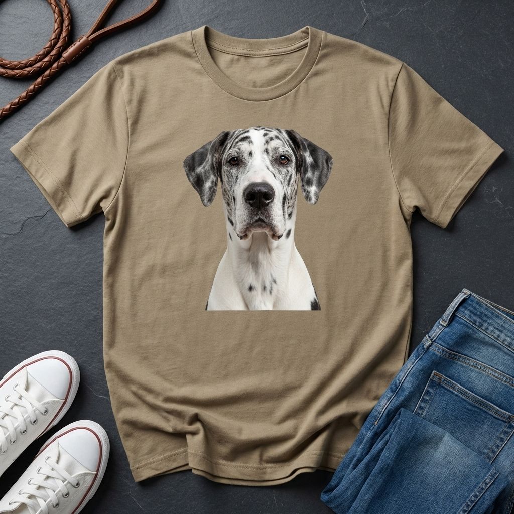 Beige Comfort Colors t-shirt with a dog graphic on a dark surface with shoes and jeans.
