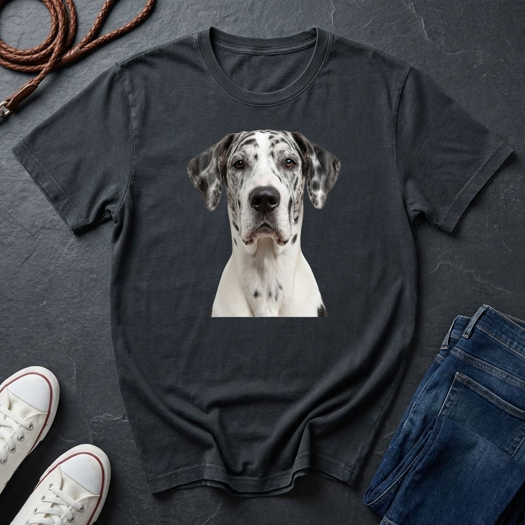 Black Comfort Colors t-shirt with a dog graphic on a dark surface with shoes and jeans.