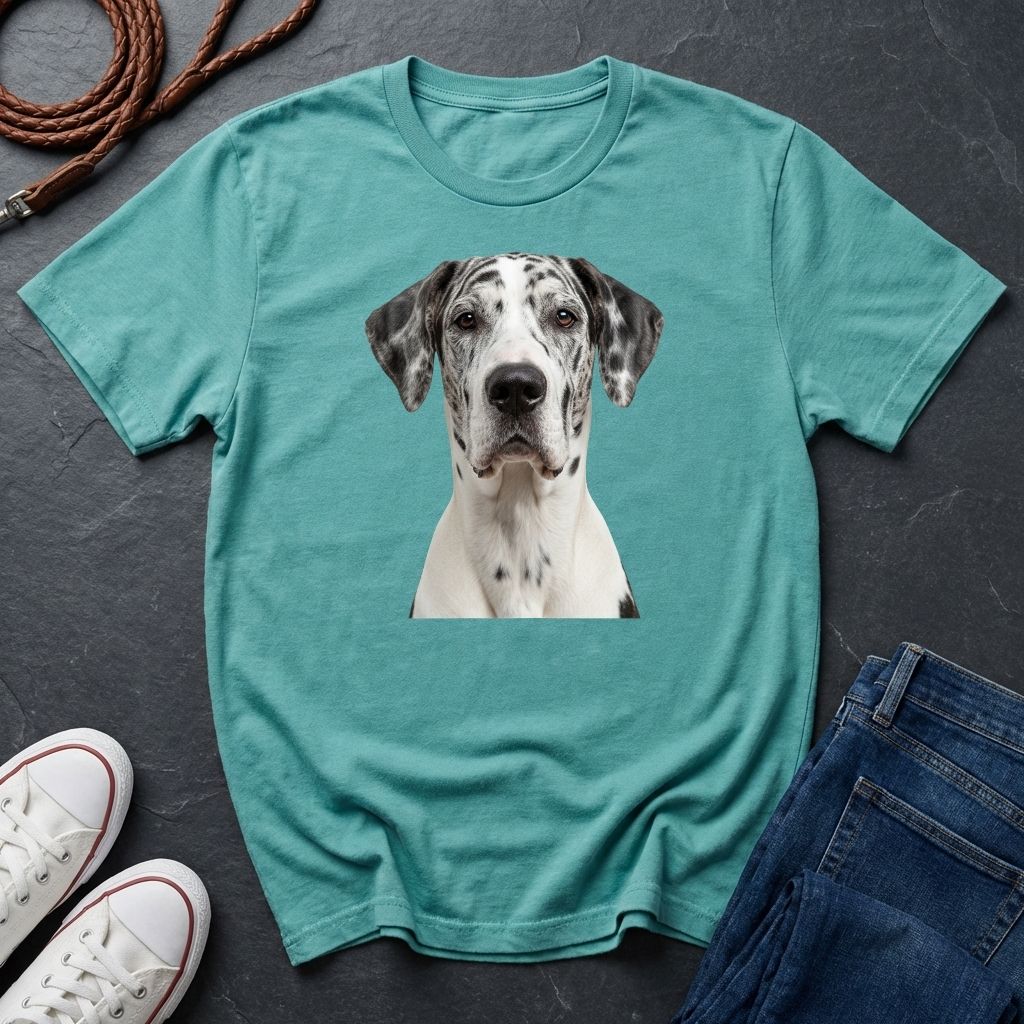Teal Comfort Colors t-shirt with a dog graphic on a dark surface with shoes and jeans.