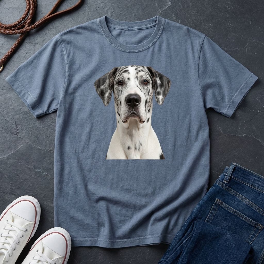 Blue Comfort Colors t-shirt with a dog graphic on a dark surface with shoes and jeans.