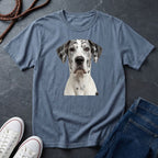 Blue Comfort Colors t-shirt with a dog graphic on a dark surface with shoes and jeans.