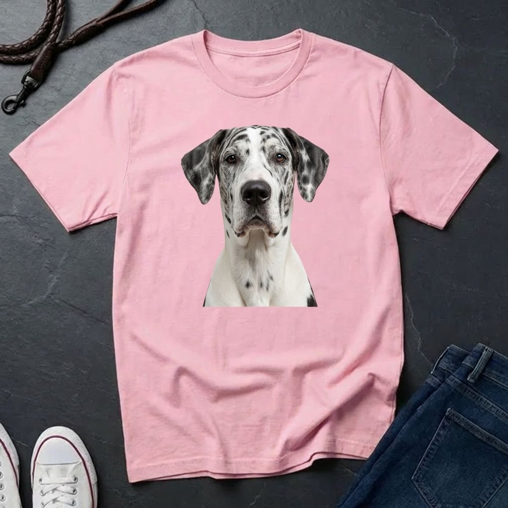 Pink Comfort Colors t-shirt with a dog graphic on a dark surface with jeans and shoes.